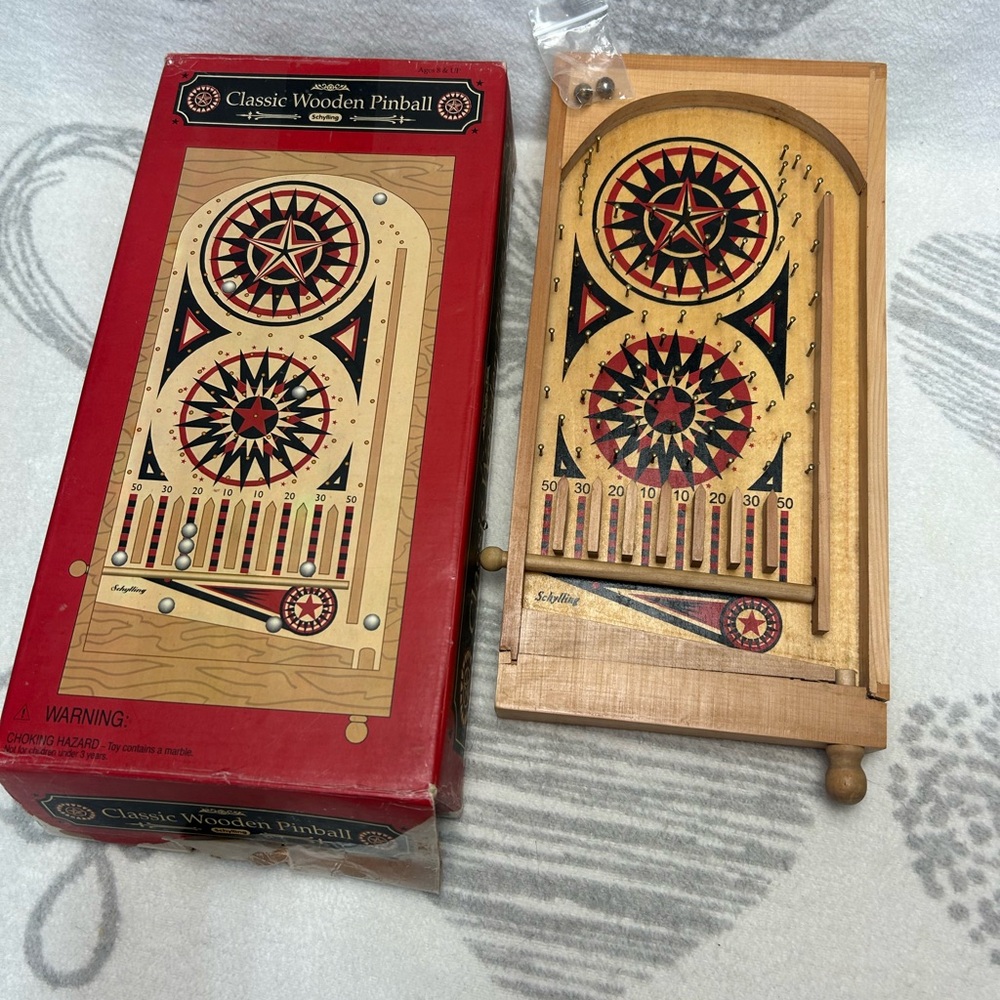 SCHYLLING Classic Wooden Pinball Machine Toy Game w 2 Metal Balls 14" x 6.5"